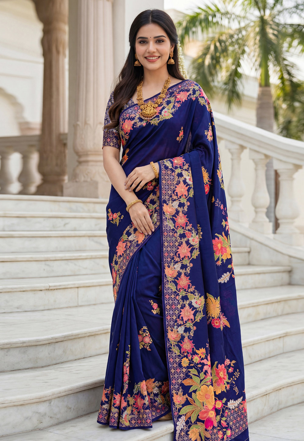 Navy Blue Silk Saree With Blouse 325887