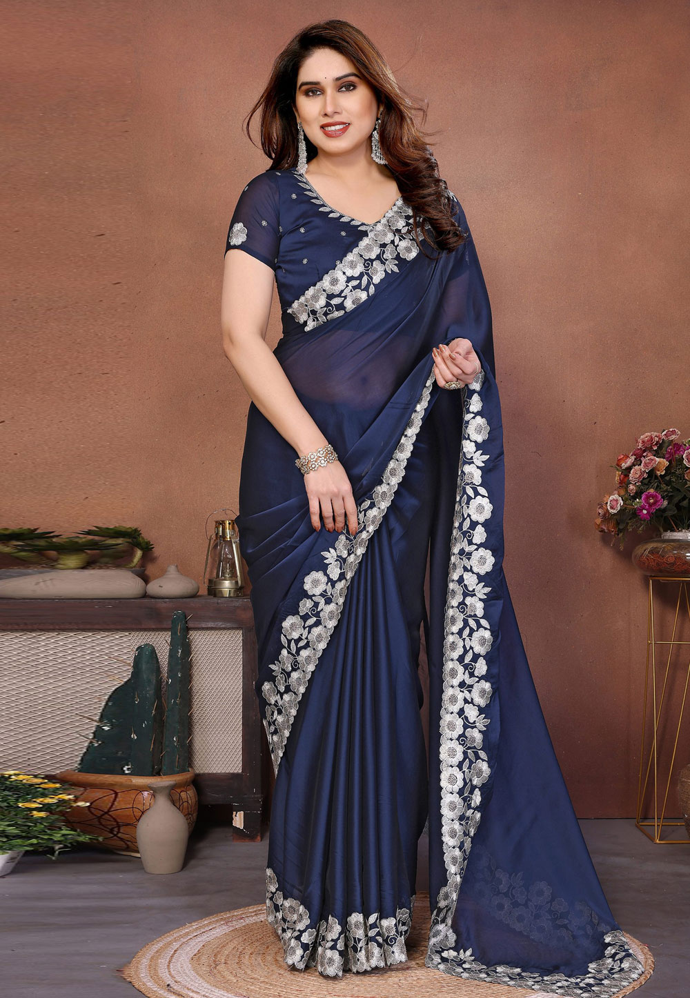 Navy Blue Silk Saree With Blouse 325234