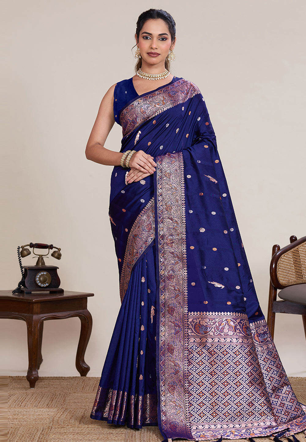 Navy Blue Silk Saree With Blouse 326367