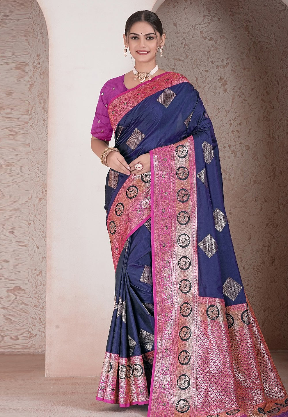 Navy Blue Silk Saree With Blouse 312290