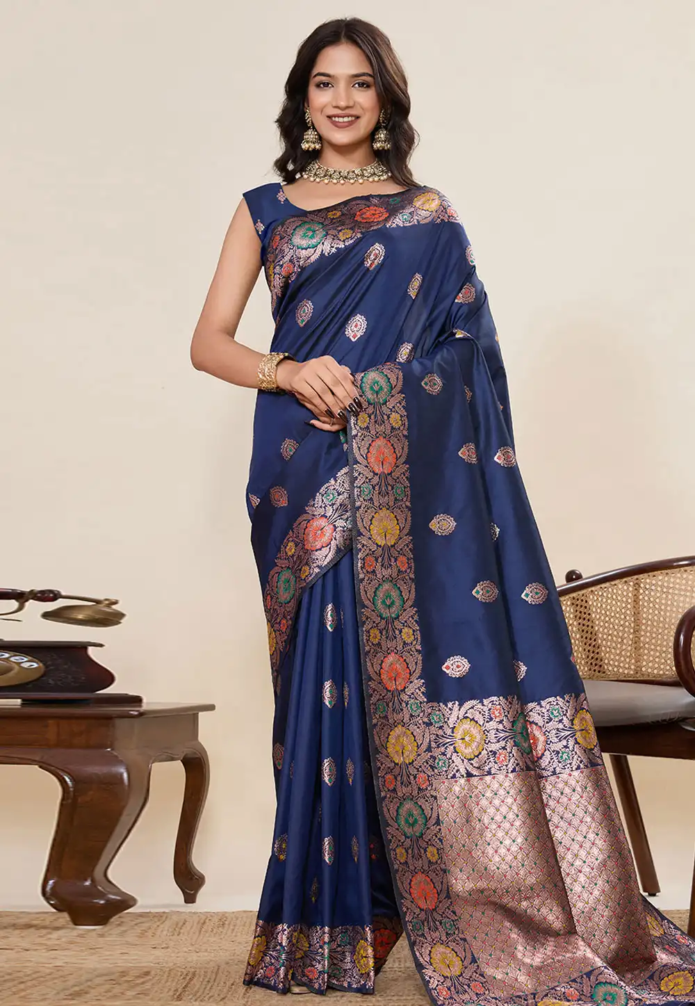 Navy Blue Silk Saree With Blouse 317238