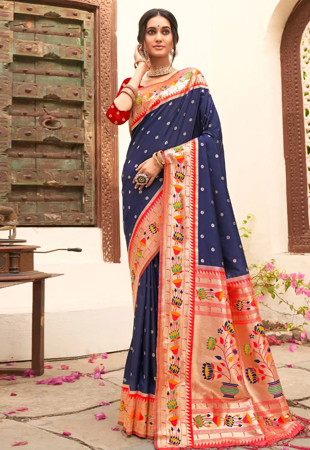 Navy Blue Silk Saree With Blouse 317467