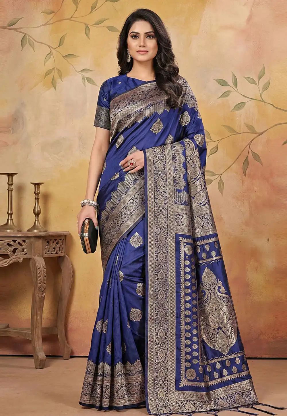 Navy Blue Silk Saree With Blouse 326001