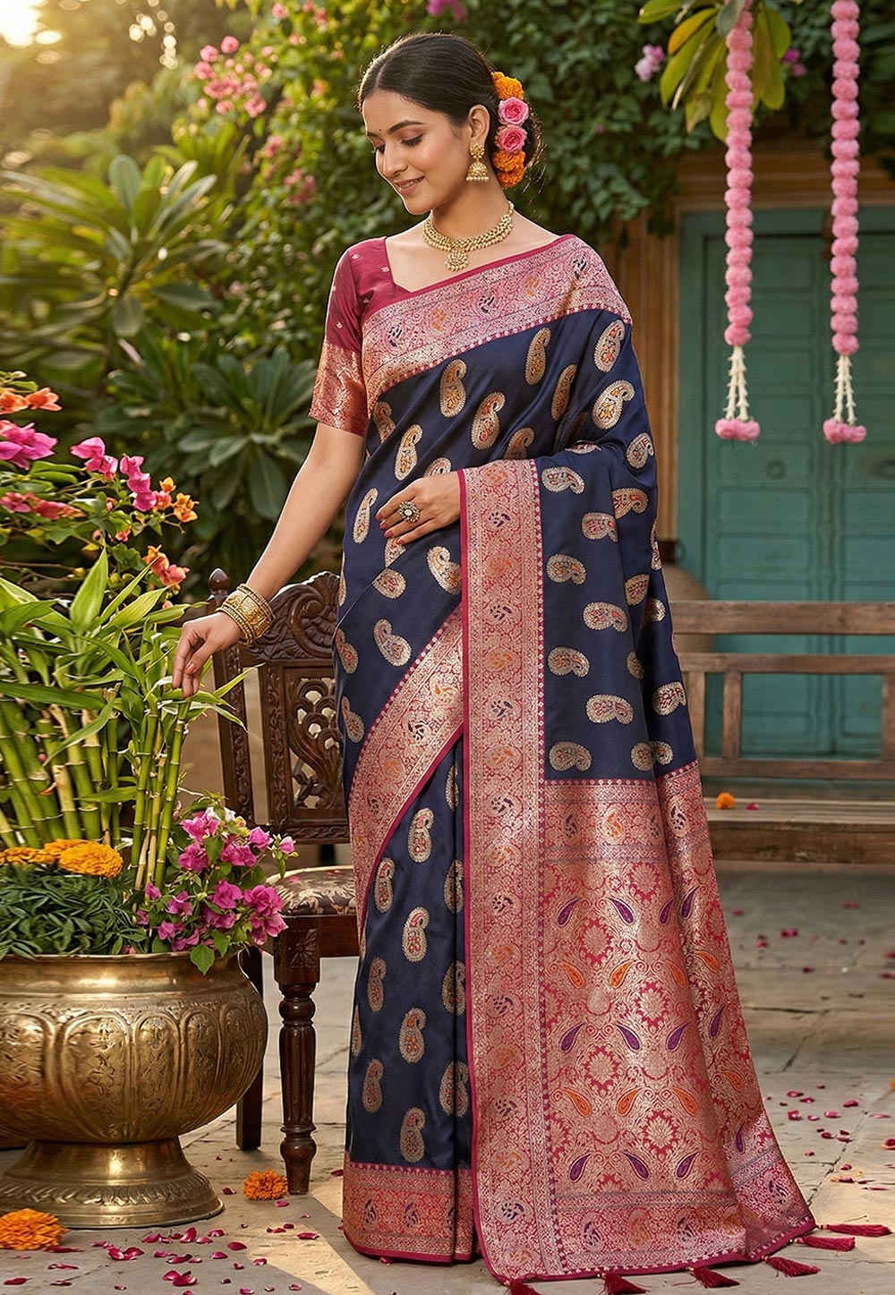 Navy Blue Silk Saree With Blouse 326181