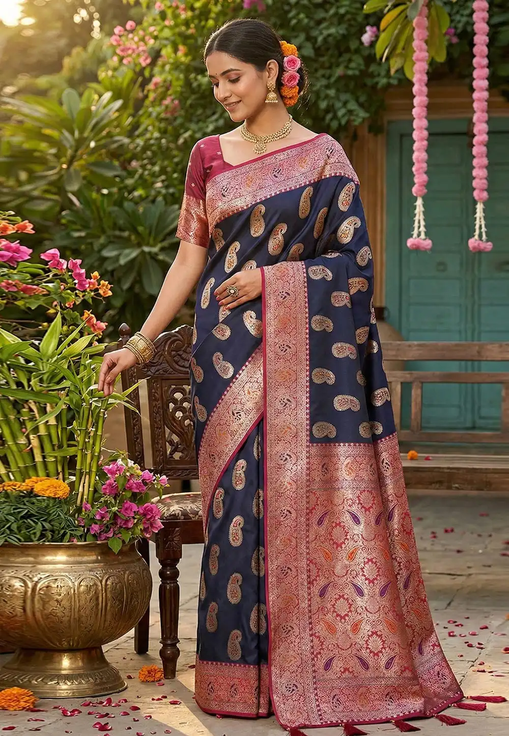 Navy Blue Silk Saree With Blouse 326181