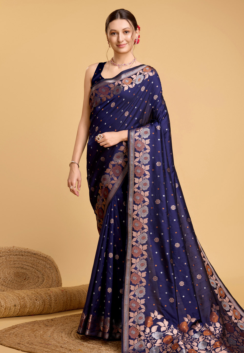 Navy Blue Silk Saree With Blouse 284073