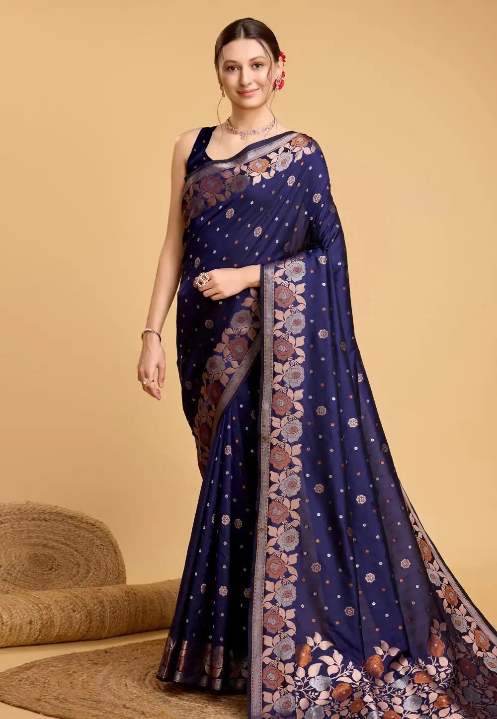 Navy Blue Silk Saree With Blouse 284073