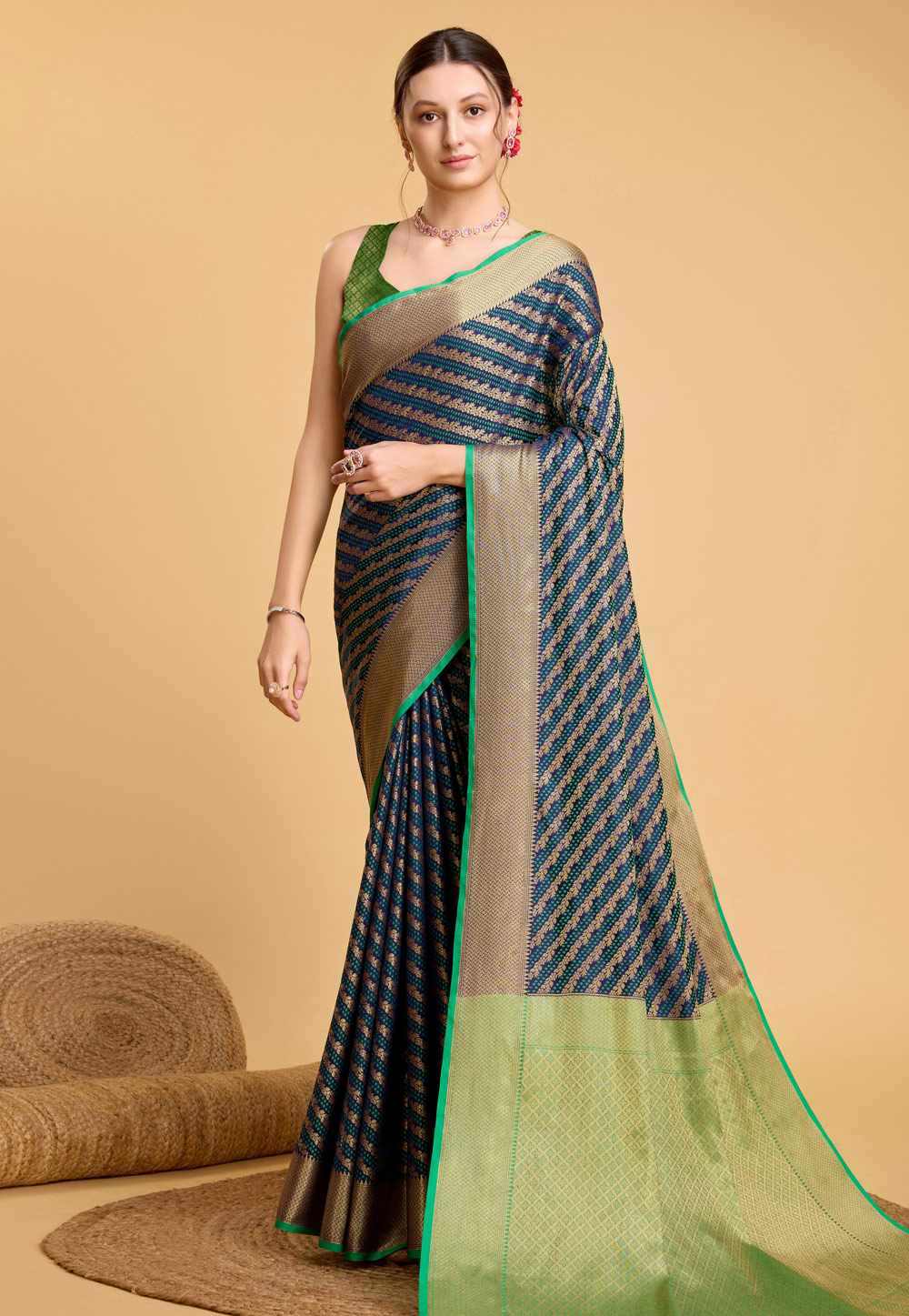 Navy Blue Silk Saree With Blouse 284075