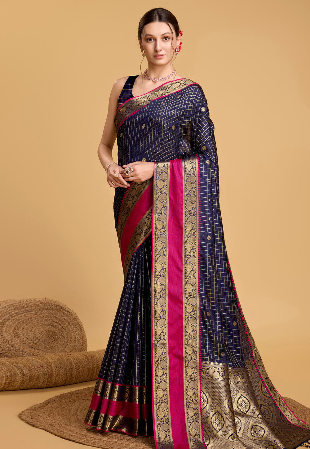 Navy Blue Silk Saree With Blouse 284233