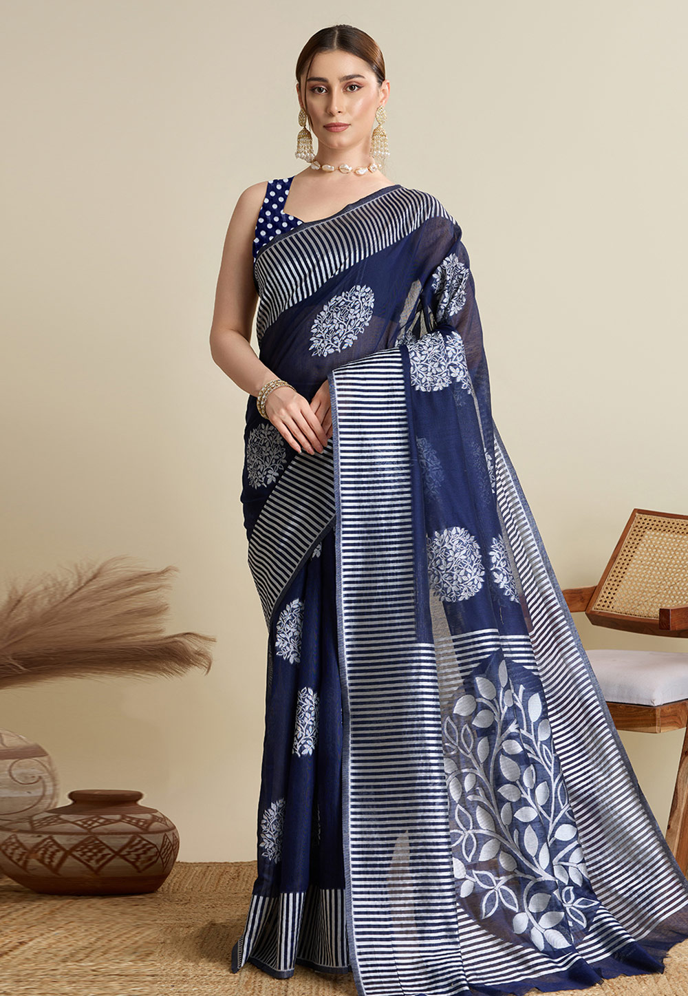 Navy Blue Silk Saree With Blouse 311769