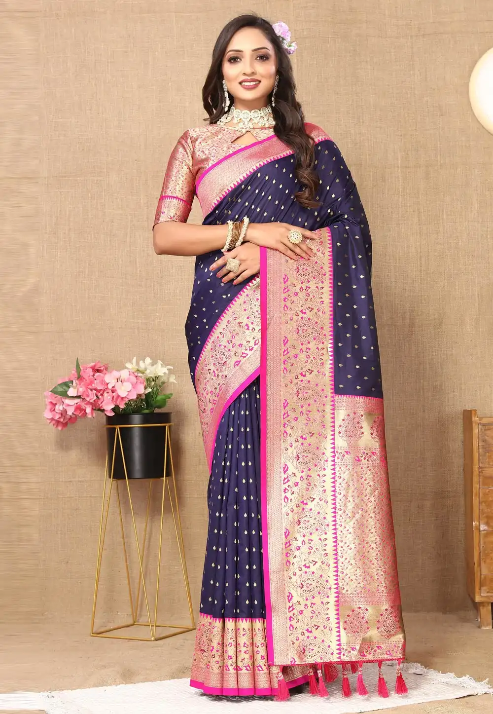 Navy Blue Silk Saree With Blouse 314753
