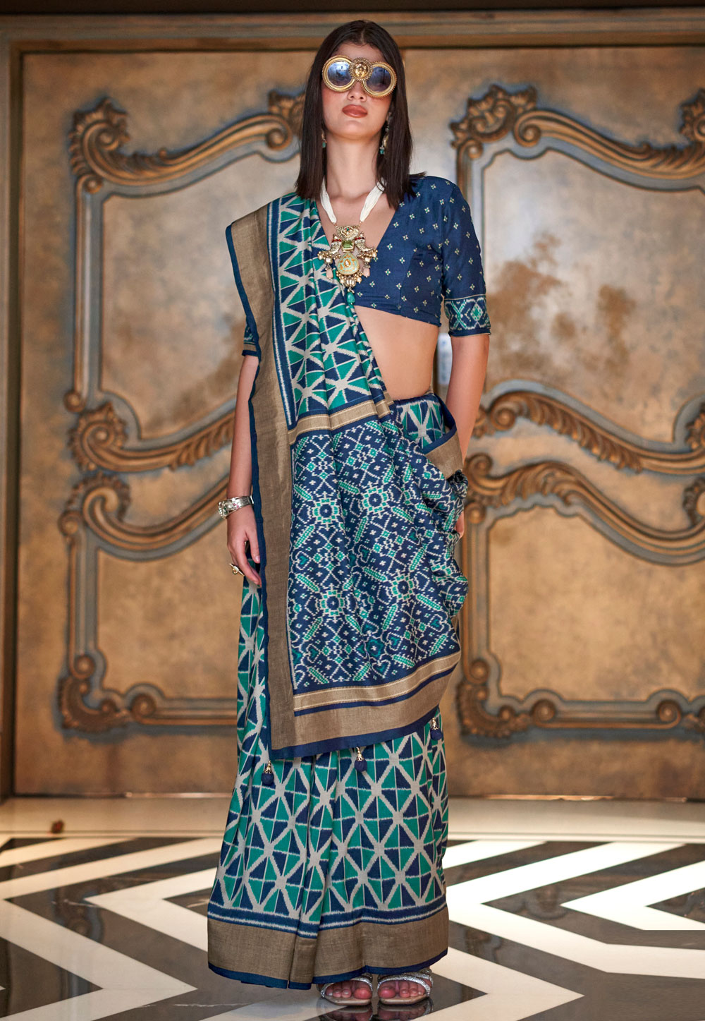 Navy Blue Silk Saree With Blouse 318674