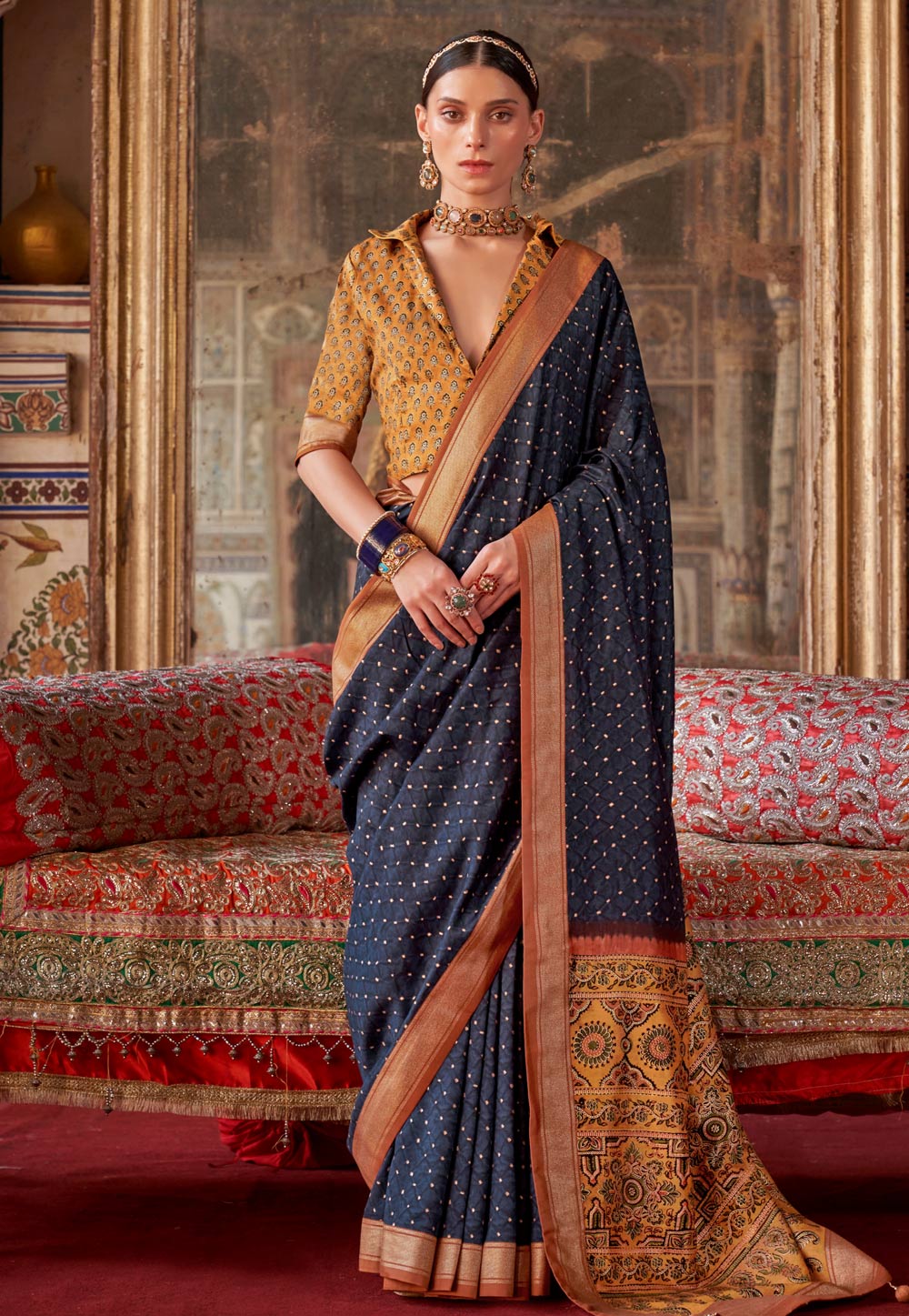 Navy Blue Silk Saree With Blouse 306533