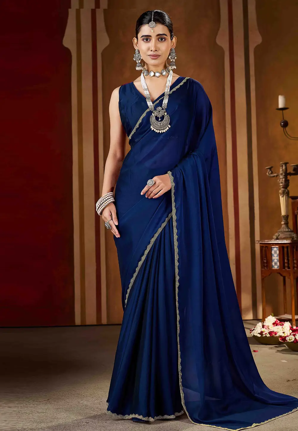 Navy Blue Silk Saree With Blouse 332586