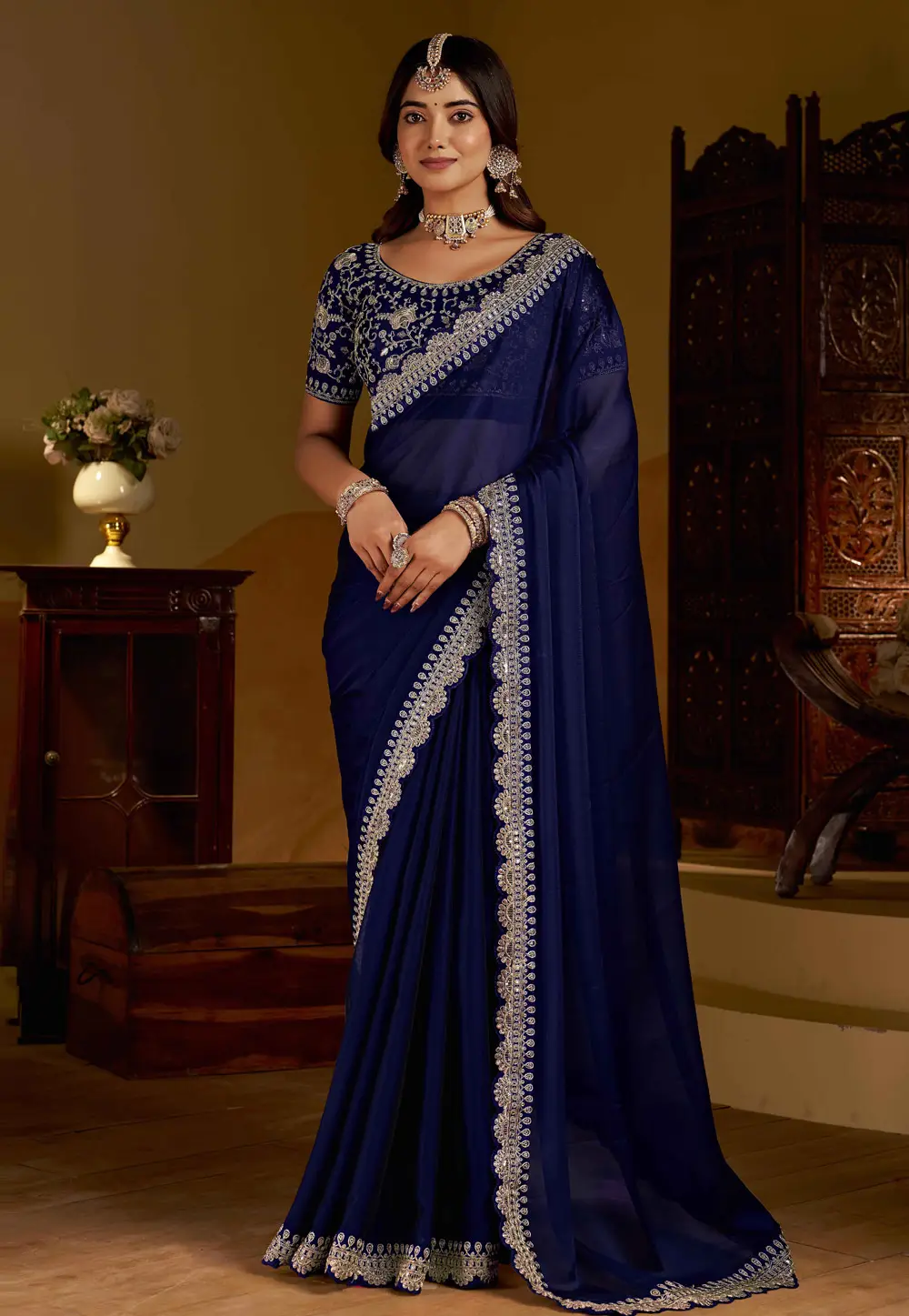 Navy Blue Silk Saree With Blouse 332595