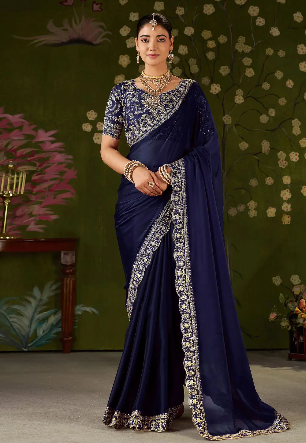 Navy Blue Silk Saree With Blouse 332782