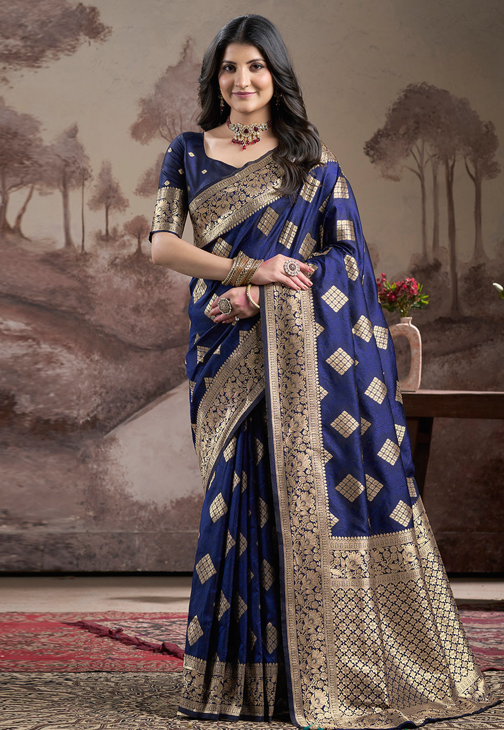 Navy Blue Silk Saree With Blouse 312159