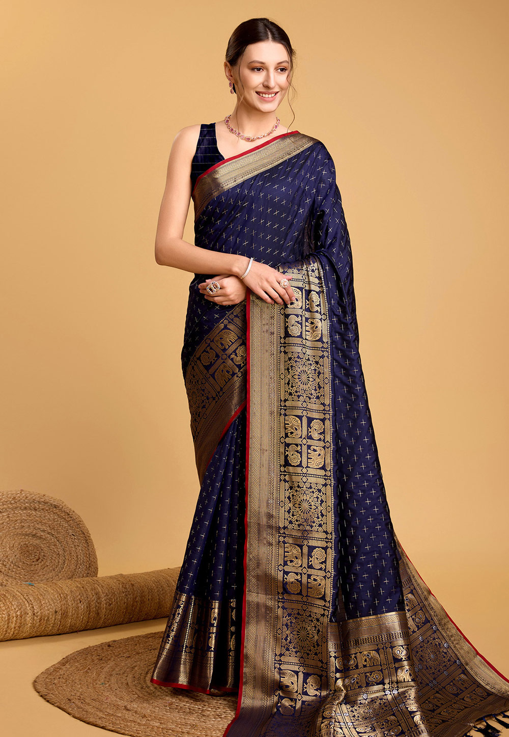 Navy Blue Soft Silk Saree With Blouse 284177