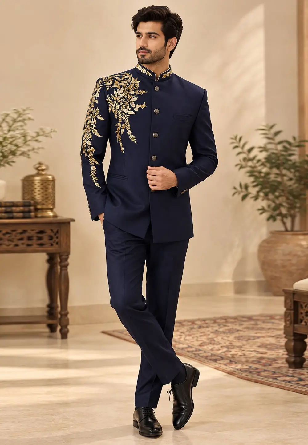 Navy Blue Suiting Bandhgala Suit 336411