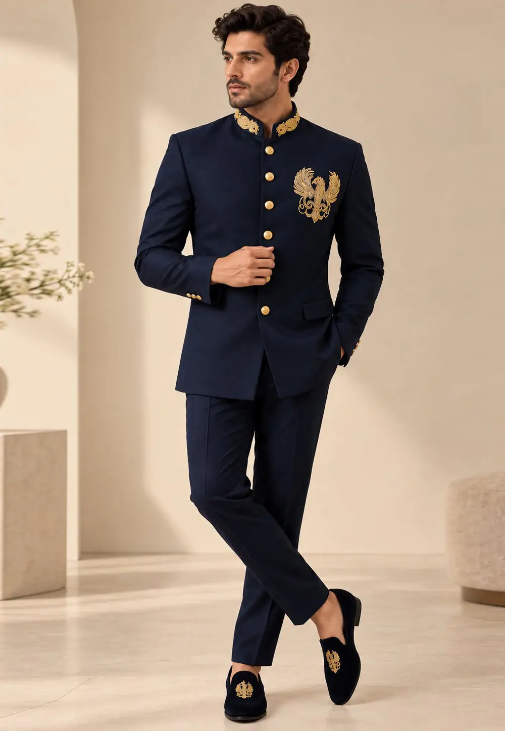 Navy Blue Suiting Bandhgala Suit 336419
