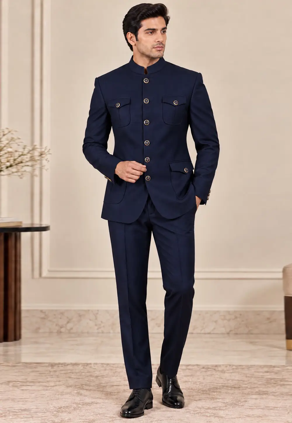 Navy Blue Suiting Bandhgala Suit 336423