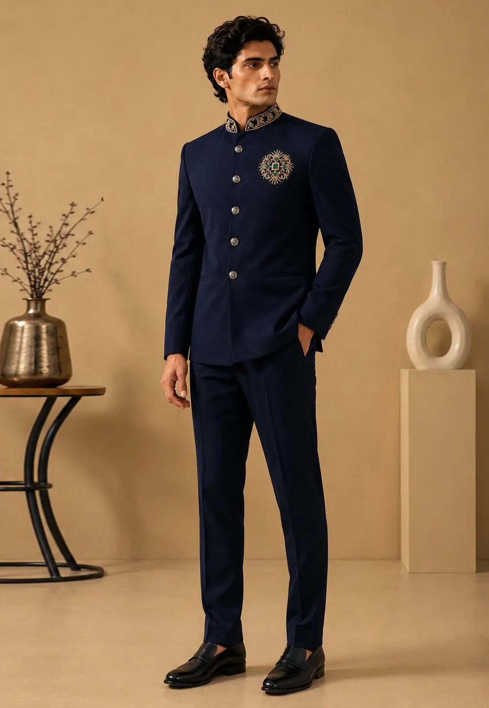 Navy Blue Suiting Bandhgala Suit 336435