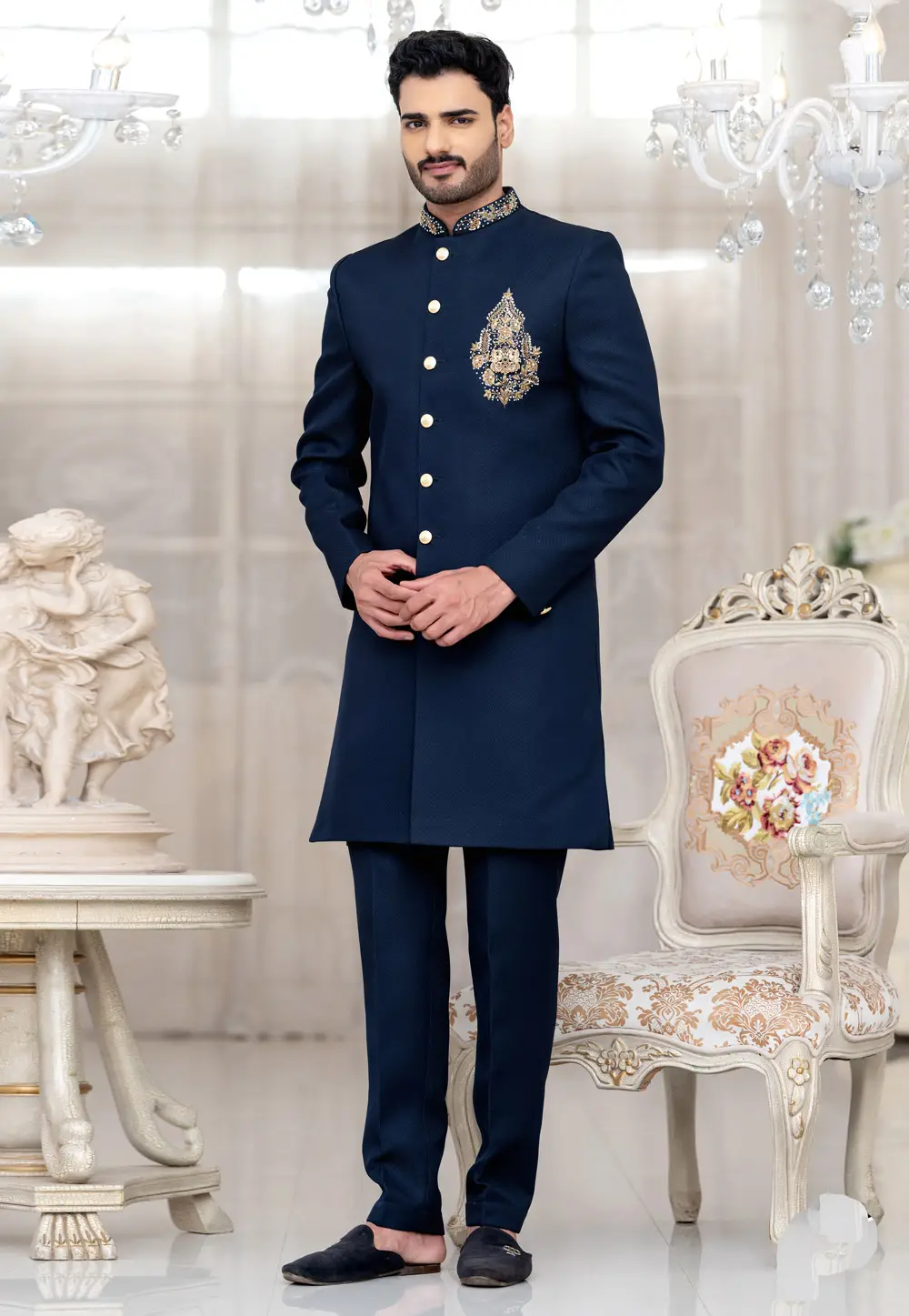 Navy Blue Suiting Indo Western Suit 336520
