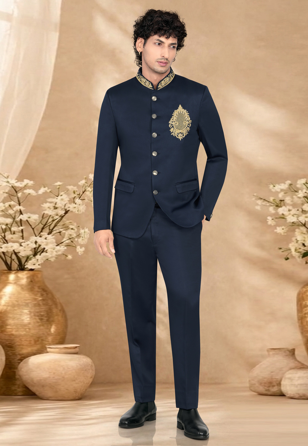 Navy Blue Suiting Jodhpuri Suit 328454