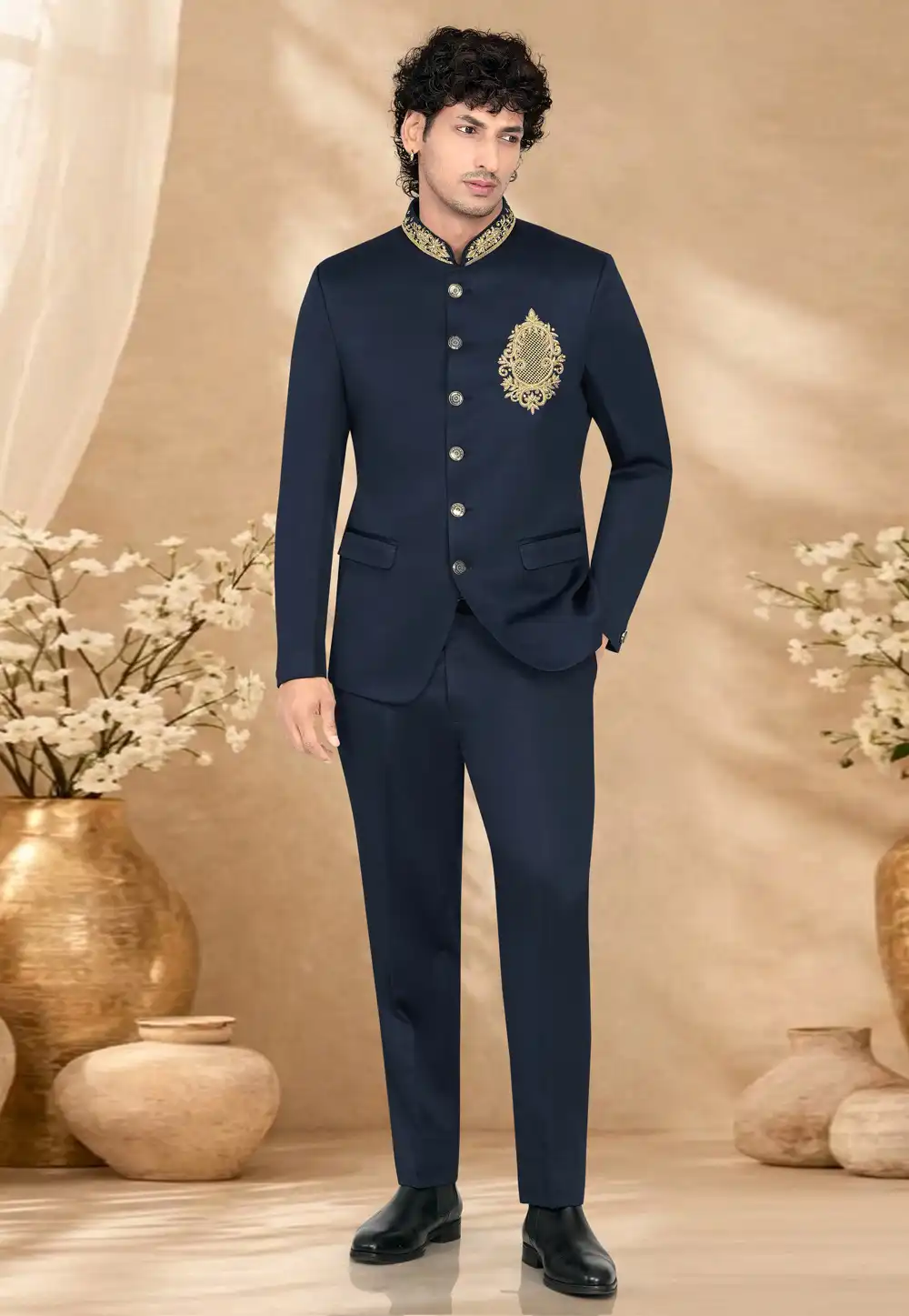 Navy Blue Suiting Jodhpuri Suit 328454