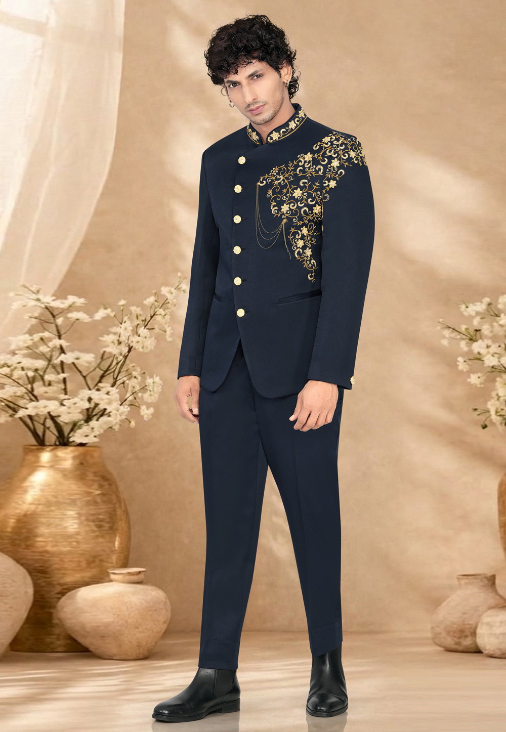 Navy Blue Suiting Jodhpuri Suit 328455