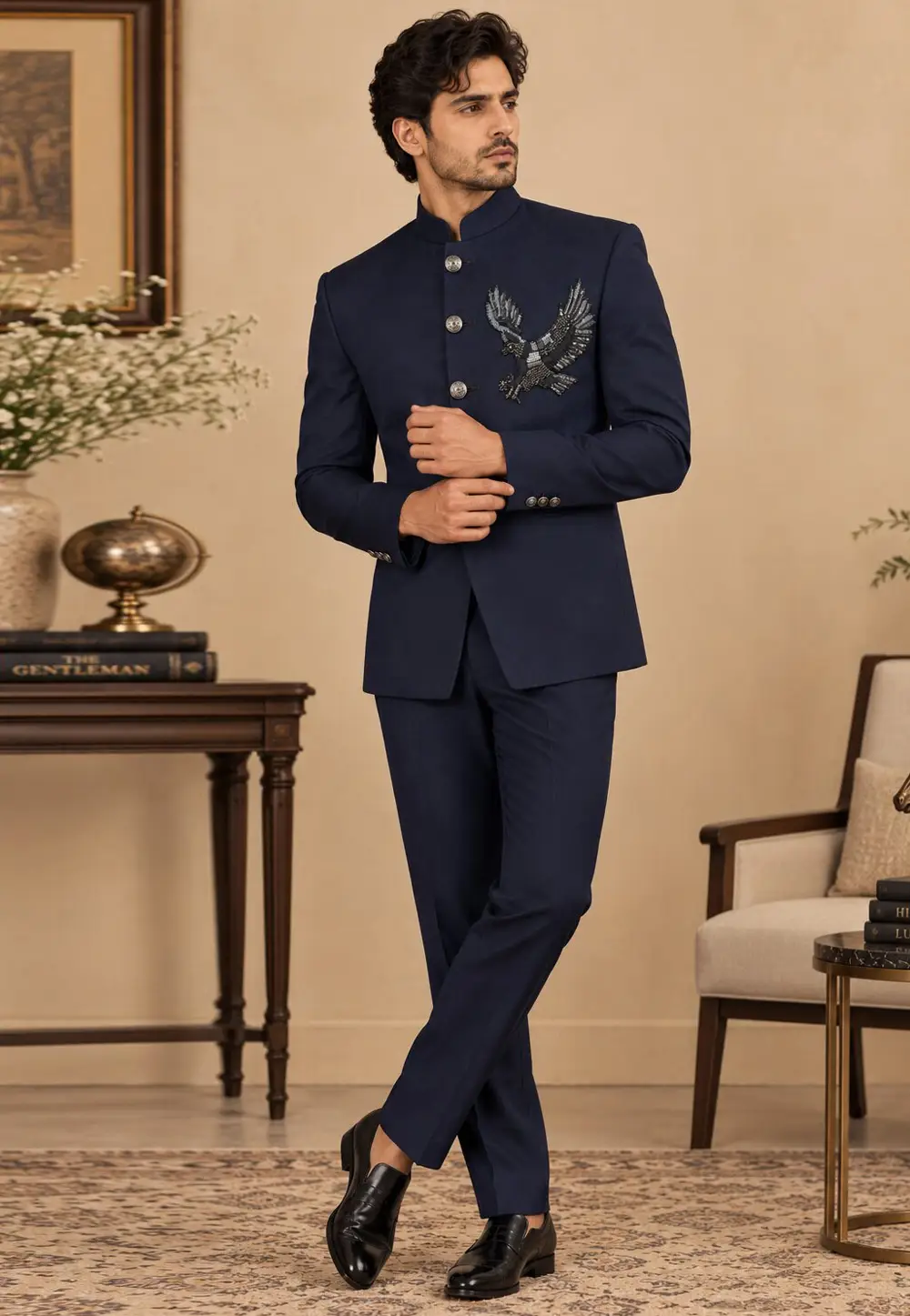 Navy Blue Suiting Jodhpuri Suit 336402