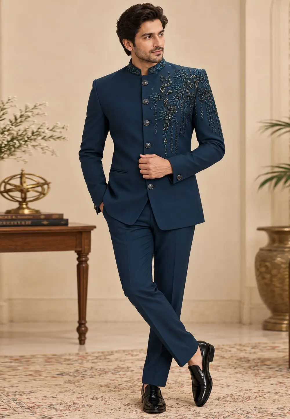 Navy Blue Suiting Jodhpuri Suit 336404