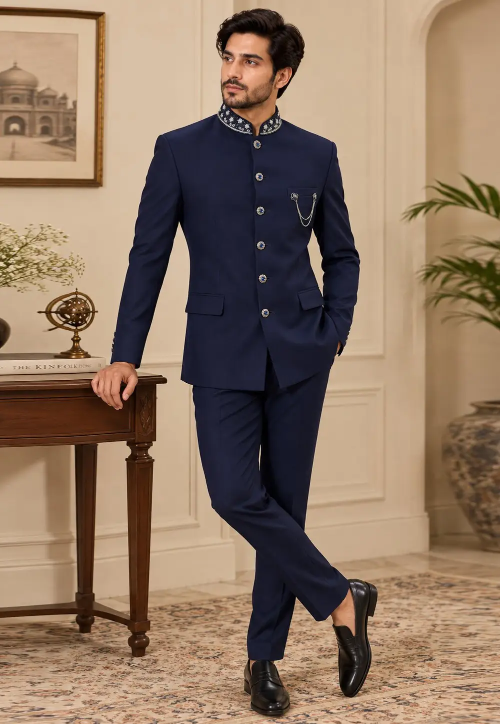 Navy Blue Suiting Jodhpuri Suit 336406