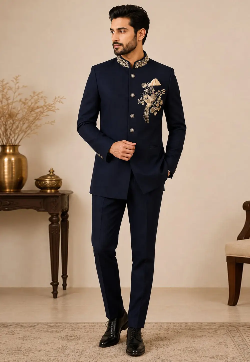 Navy Blue Suiting Jodhpuri Suit 336410