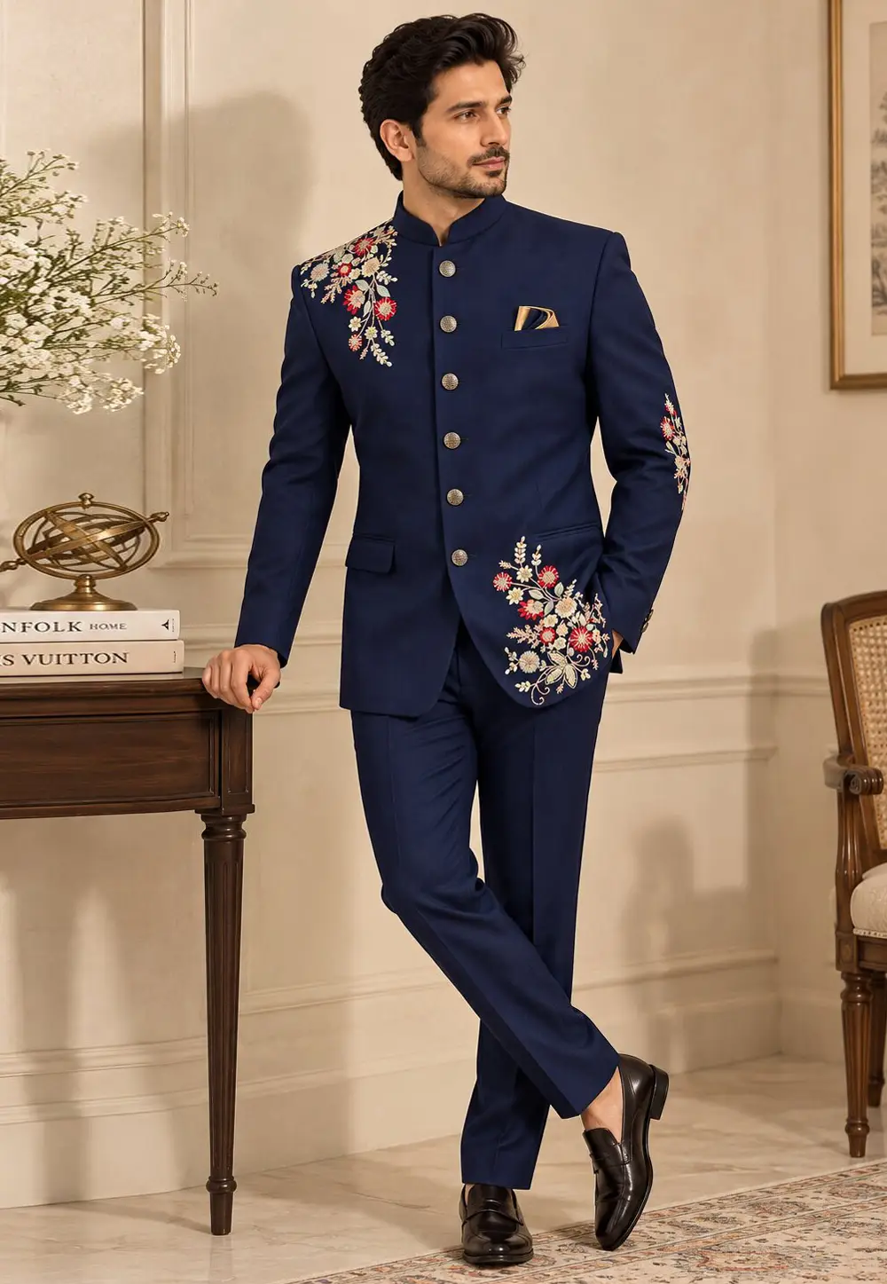 Navy Blue Suiting Jodhpuri Suit 336414