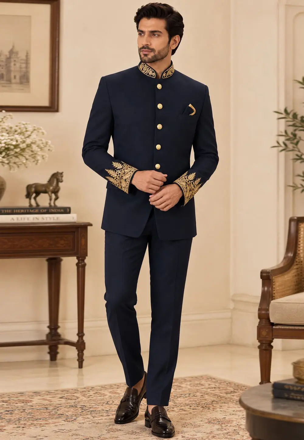 Navy Blue Suiting Jodhpuri Suit 336418