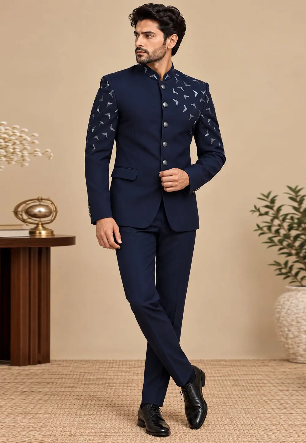 Navy Blue Suiting Jodhpuri Suit 336420