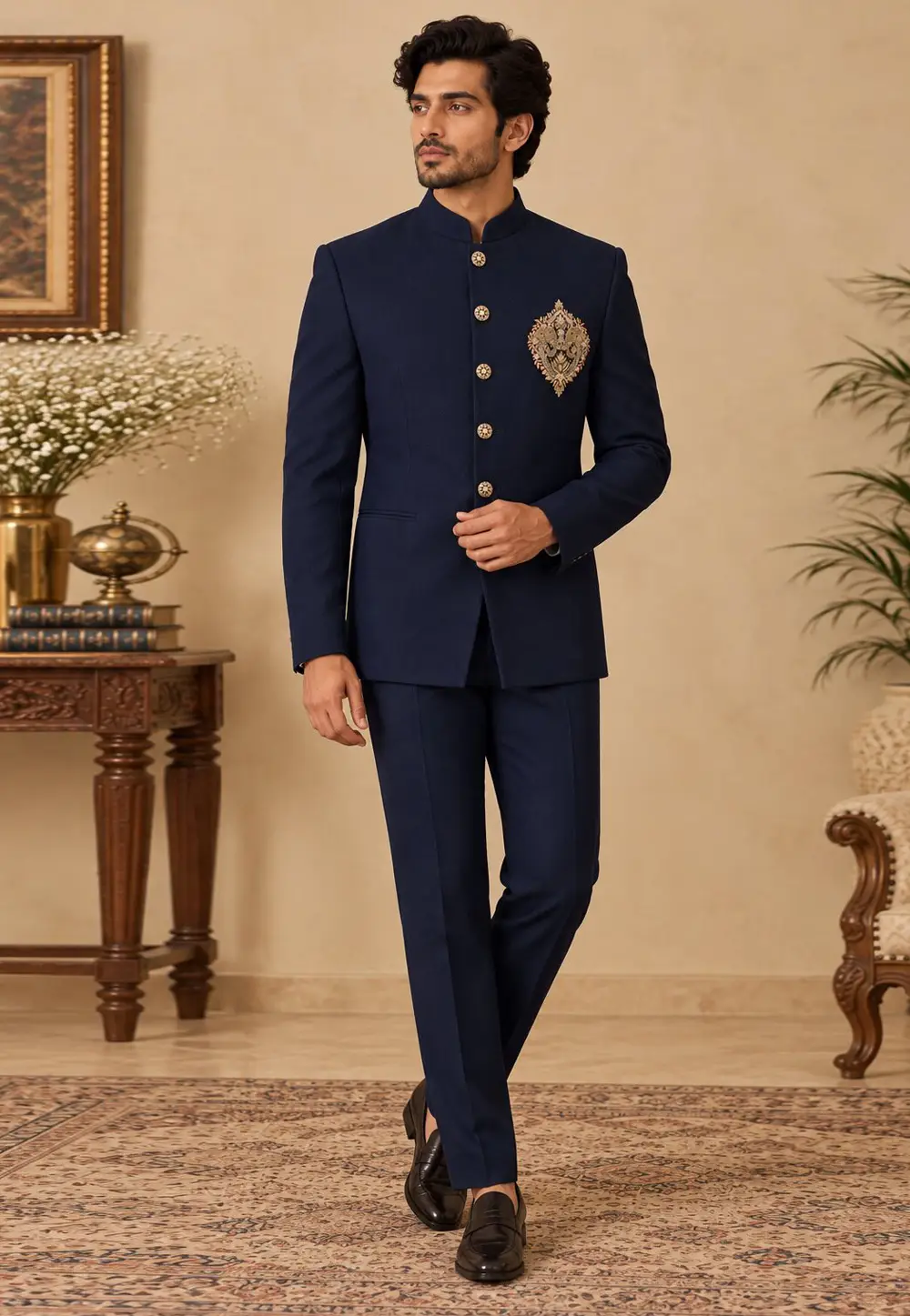 Navy Blue Suiting Jodhpuri Suit 336428