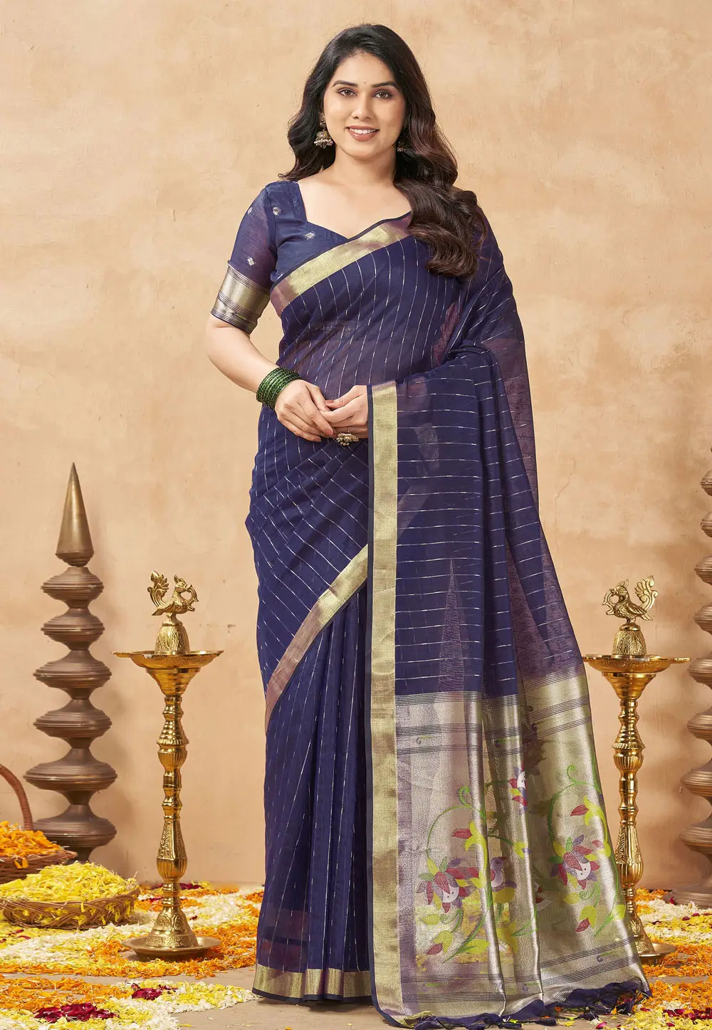 Navy Blue Tissue Paithani Saree 335973