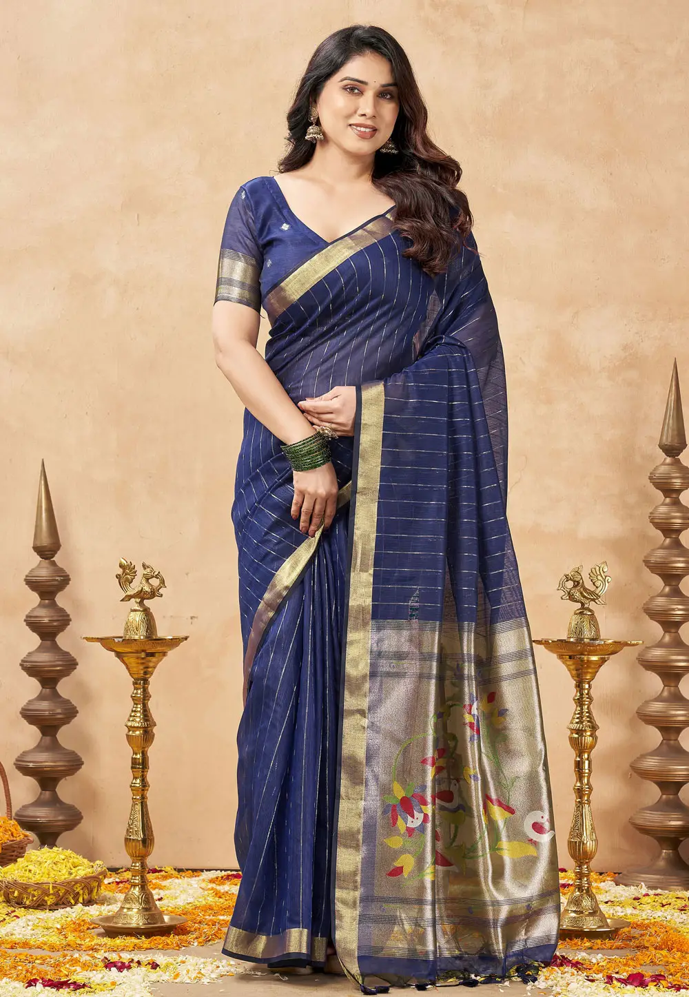 Navy Blue Tissue Saree With Blouse 335976