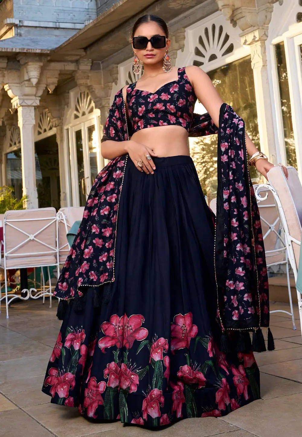 Navy Blue Tussar Silk Floral Lehenga choli 303696