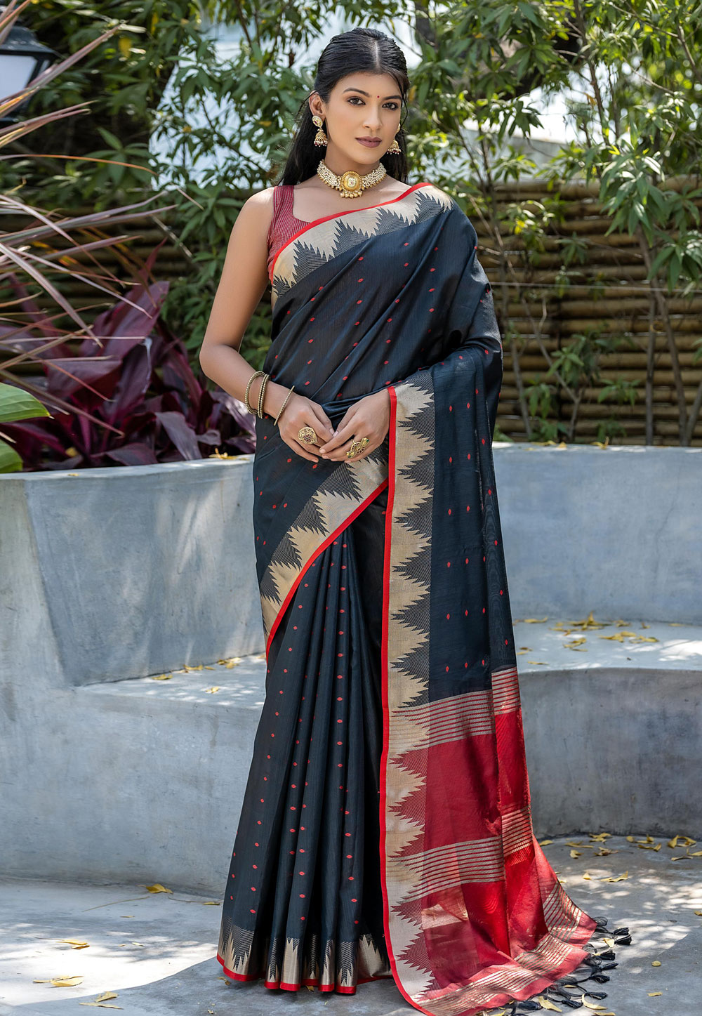Navy Blue Tussar Silk Saree With Blouse 281972