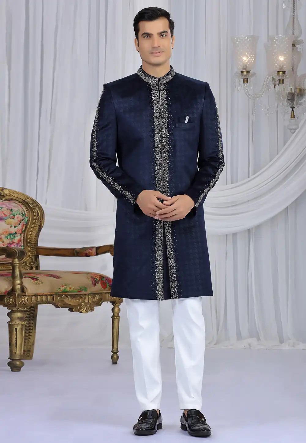 Navy Blue Velvet Achkan Style Sherwani 319062