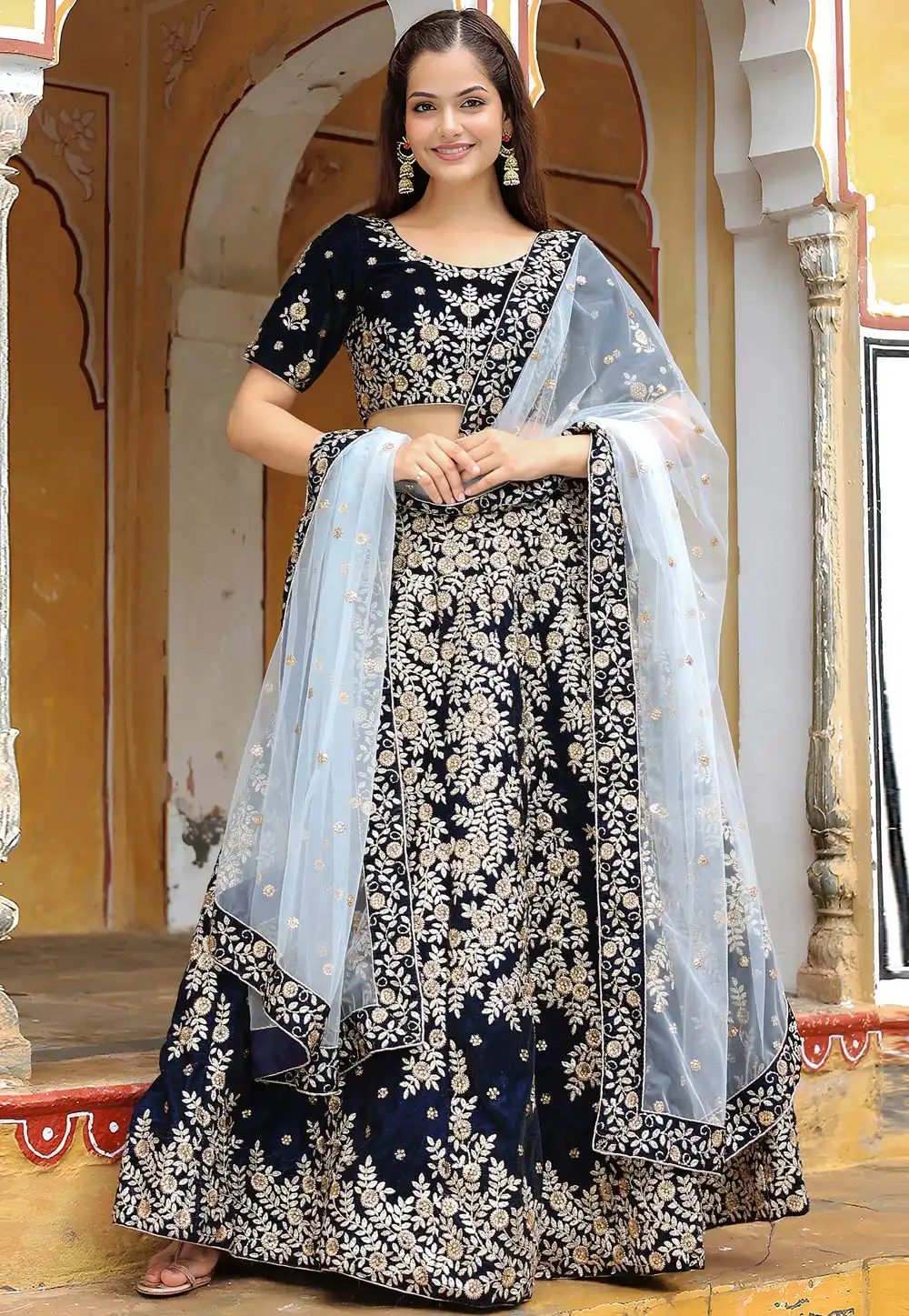 Navy Blue Velvet Circular Lehenga Choli 315237