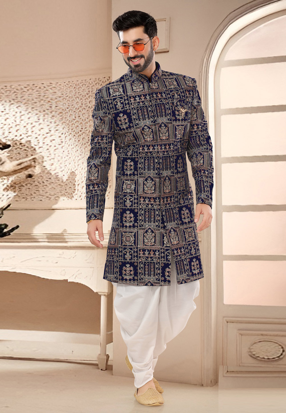 Navy Blue Velvet Dhoti Sherwani 285785