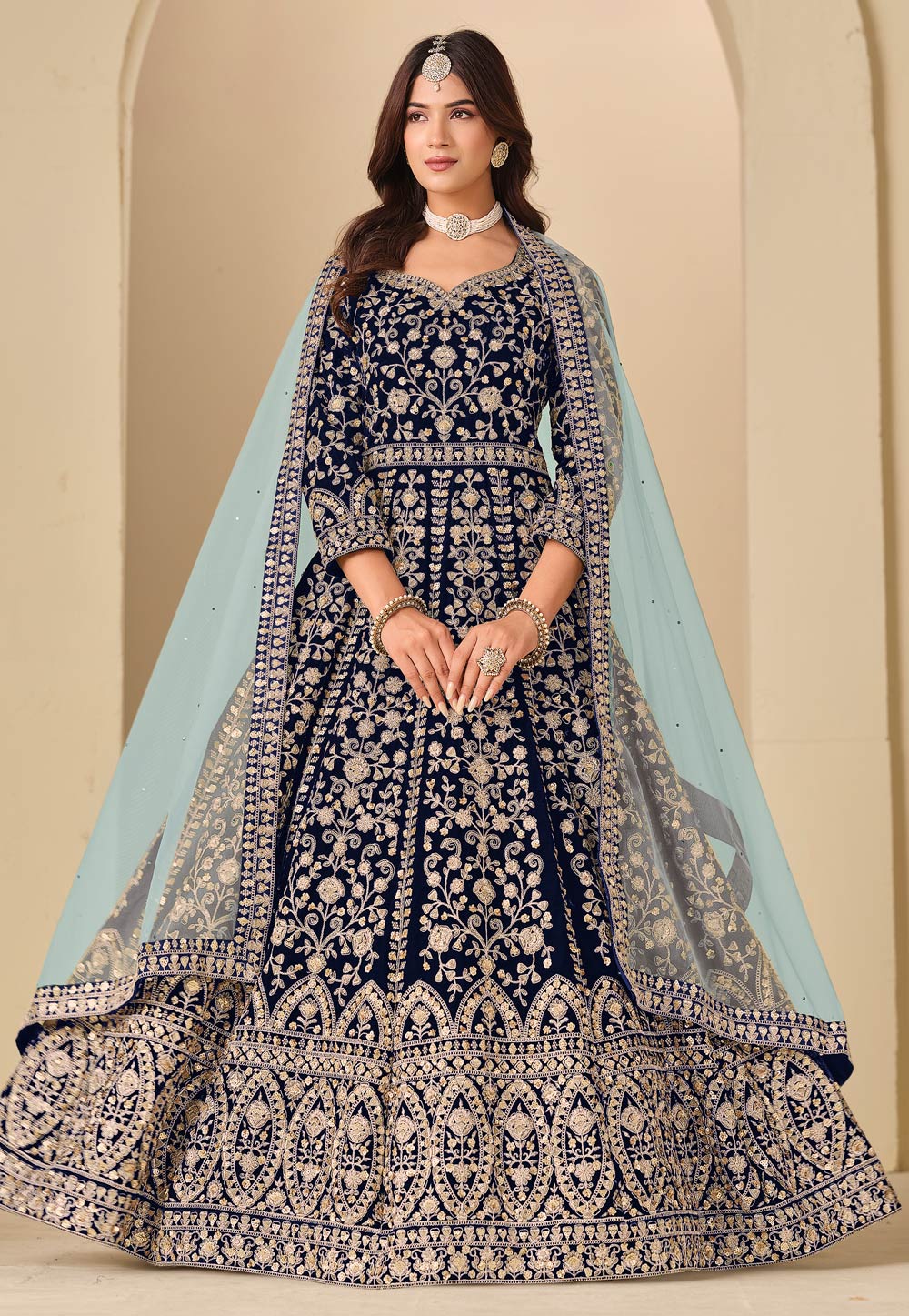 Navy Blue Velvet Embroidered Anarkali Suit 323097