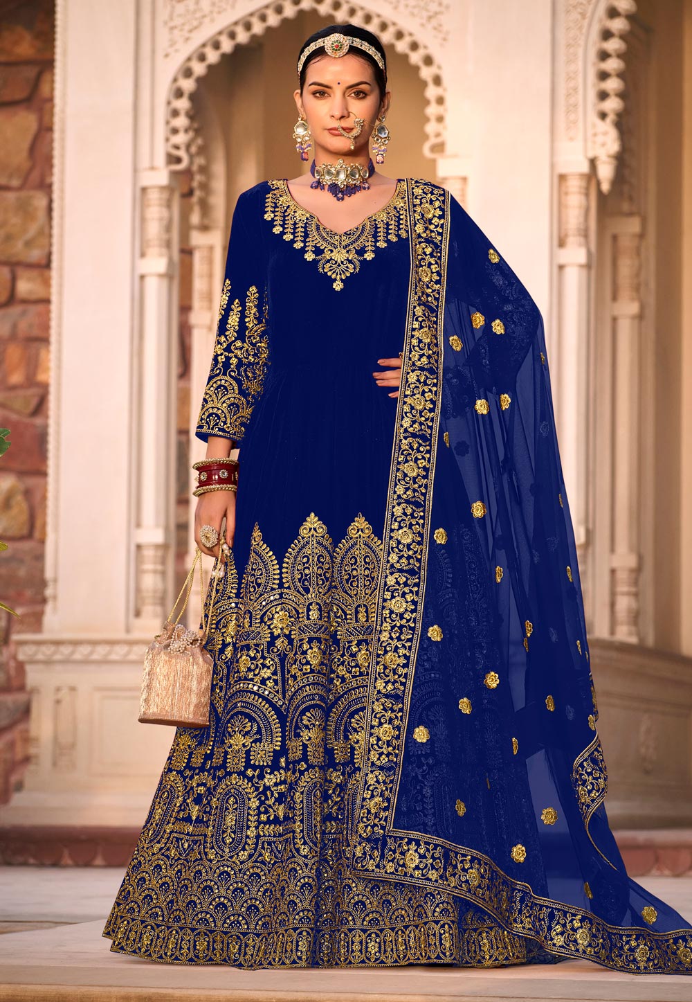 Navy Blue Velvet Floor Length Anarkali Suit 280668