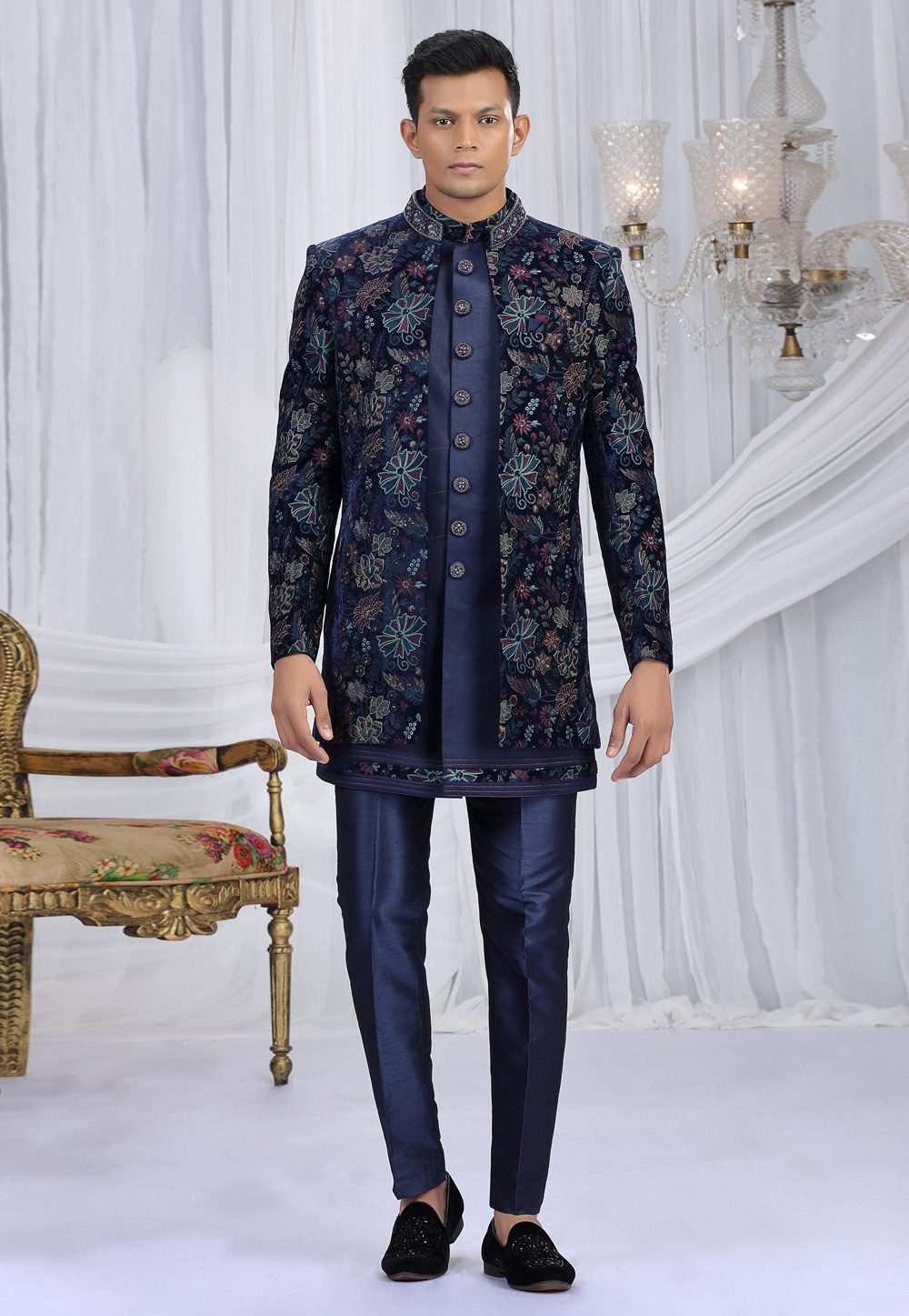 Navy Blue Velvet Indo Western Suit 319044
