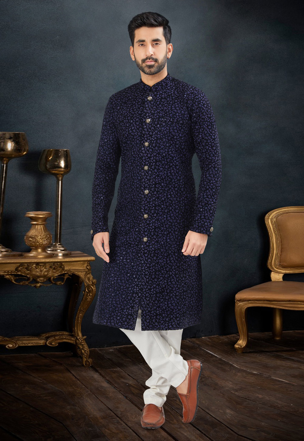 Navy Blue Velvet Indo Western Suit 282505