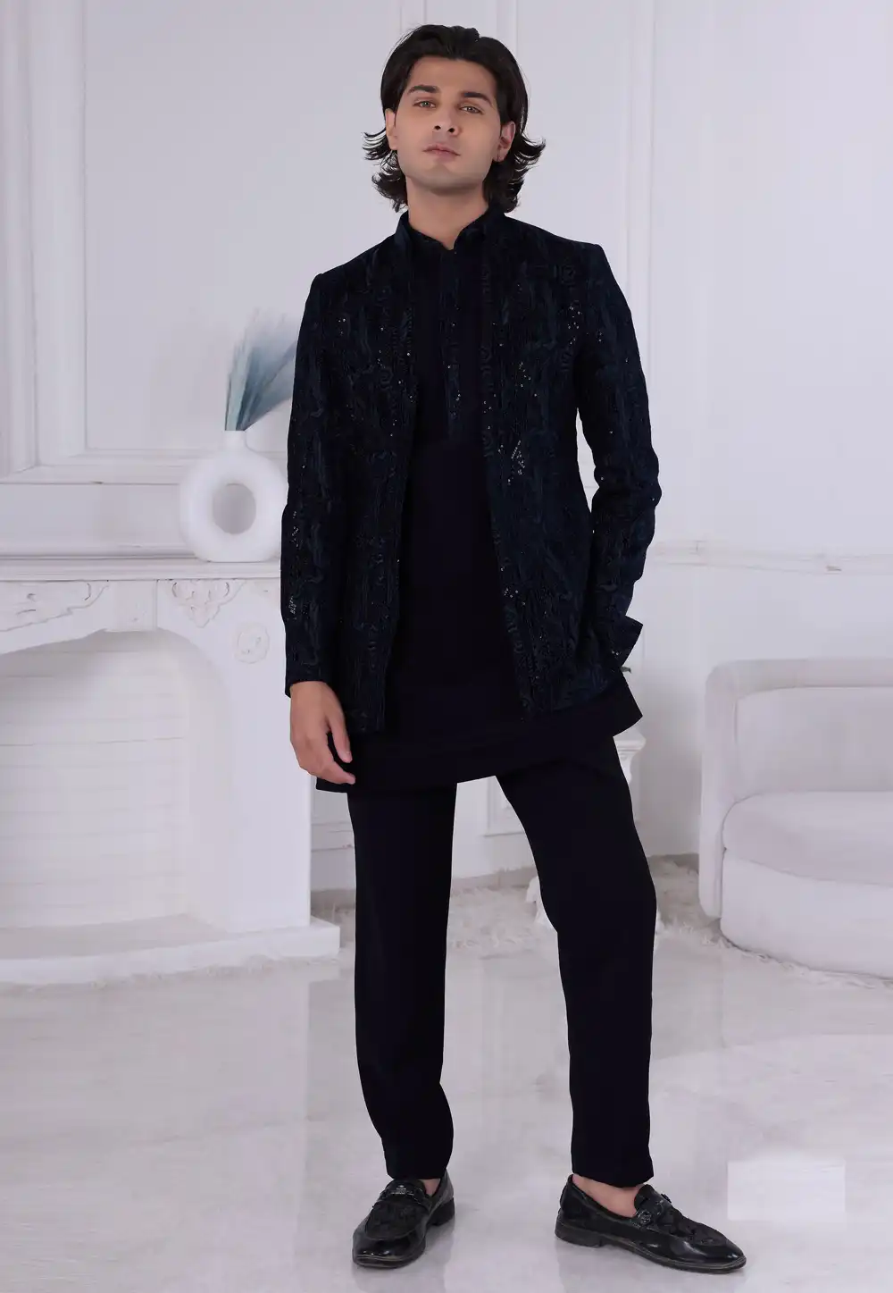 Navy Blue Velvet Indo Western Suit 315002